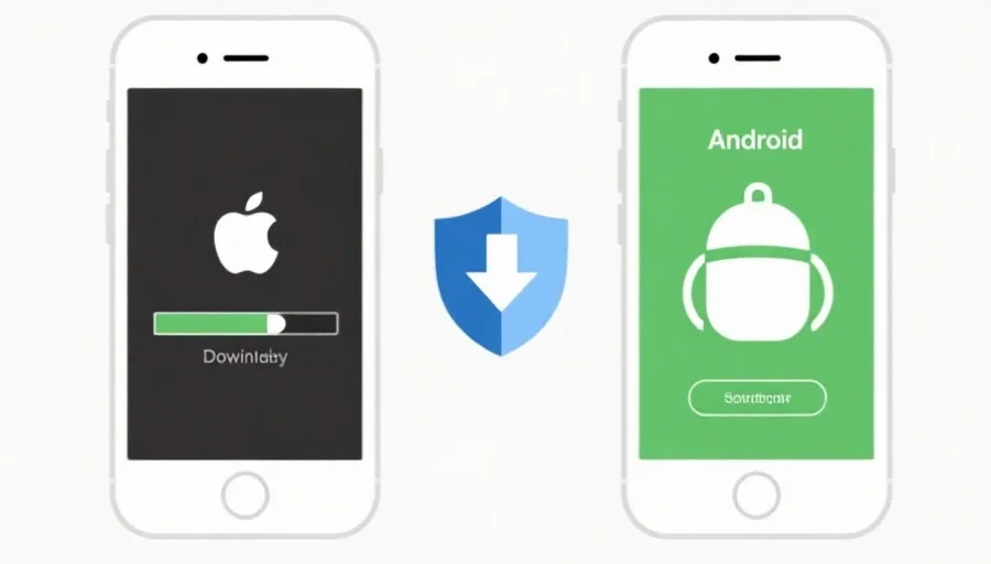 一个简洁明了的插图,展示两部手机分别代表iOS和Android,屏幕上有下载进度条和安全盾牌图标,突出安全下载主题